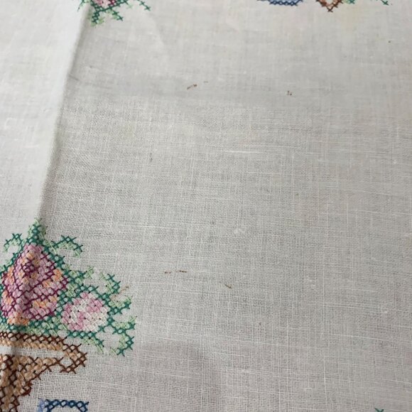 Vintage White Linen Tablecloth Embroidered Cross Stitched Floral Baskets - Picture 4 of 7